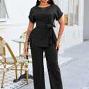 Ekaliy Women's 2 Piece Outfits Short Sleeve Peplum Top Flared Pant Business Suit Set Dressy Pantsuits (Black, XXL)