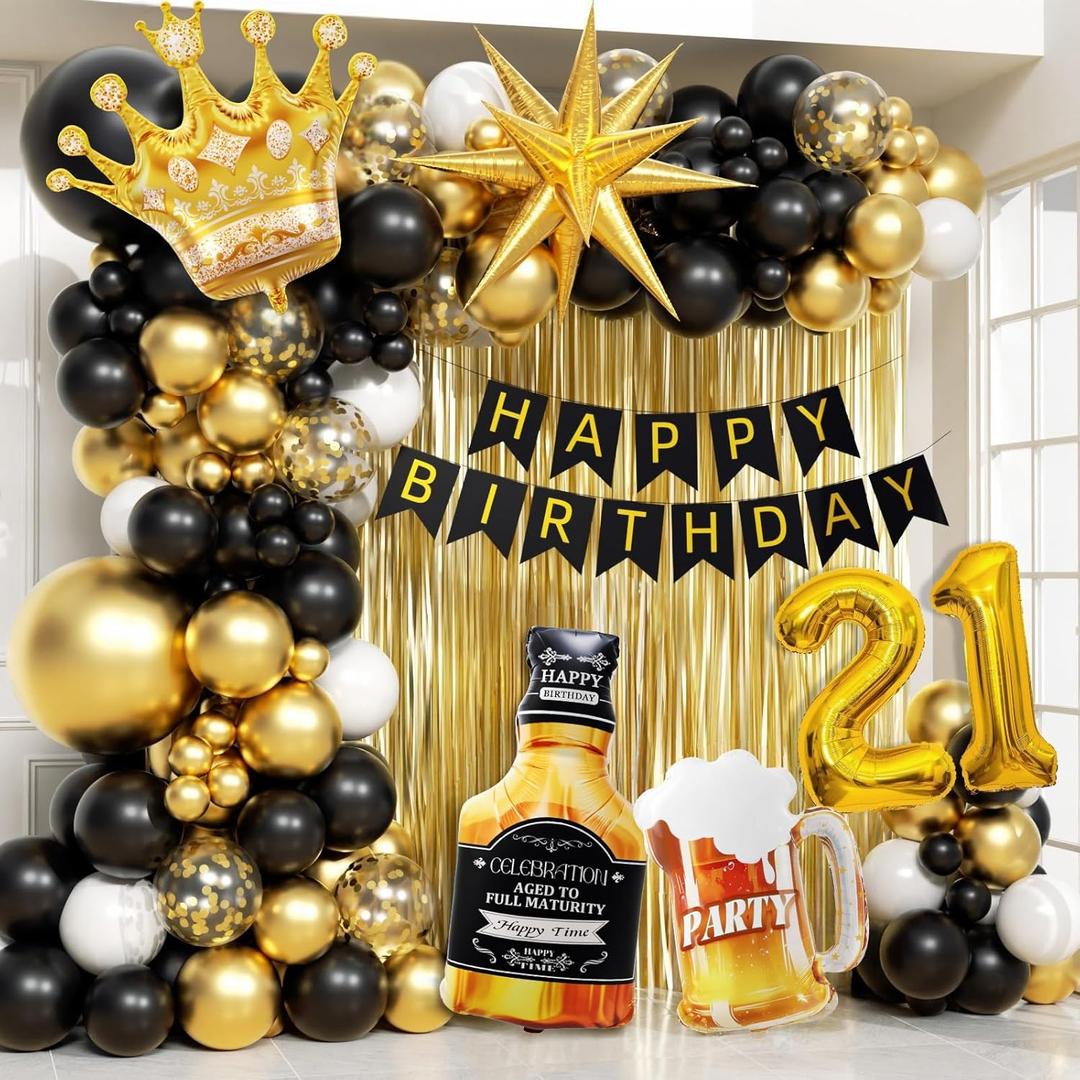 108pcs 21st Birthday Decorations for Him with Number 21 Foil Balloon Fringe Curtains White Black and Gold 21st birthday Balloons