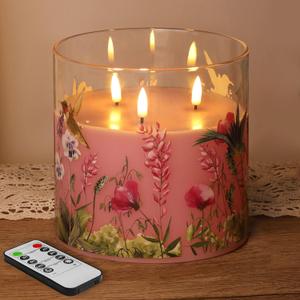 Eywamage 3 Wick Flameless Candle with Remote, Pink Hummingbird Floral Glass LED Candle, Large Battery Pillar Candle  6" H 6"