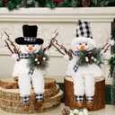 Lulu Home Christmas Snowman Decorations, Set of 2 Plush Shelf Sitters with Dangling Legs, Buffalo Checked Christmas Snowman Ornaments for Table Mantel Desk Fireplace Home Holiday Decor