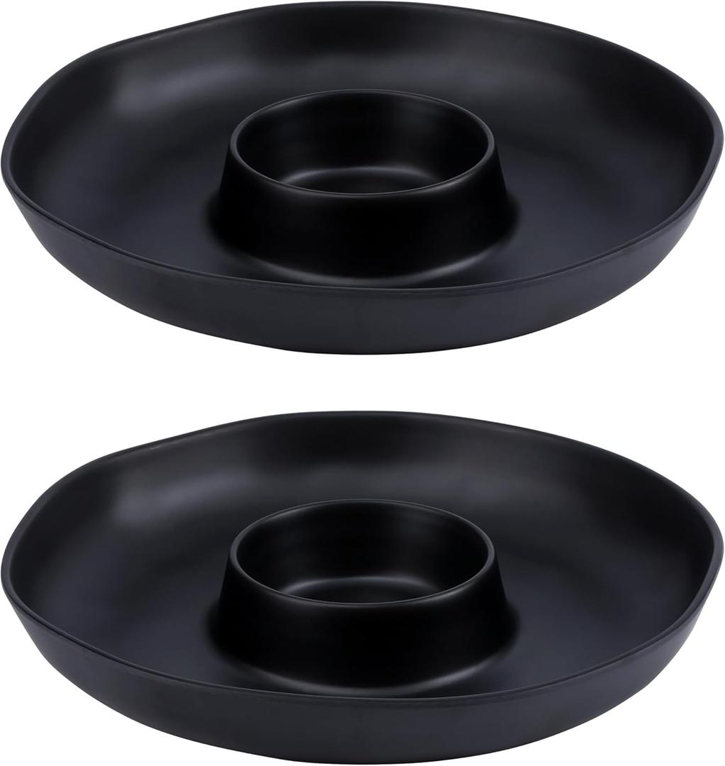 Chip & Dip Serving Set, 2 PCS Divided Cheeses Serving Platter, Relish Tray, Round Compartment Appetizer Set for Chips and Dip, Veggies, Candy and Snacks, Black, Set of 2