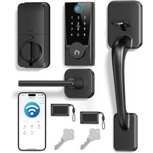 WiFi Smart Lock with Handleset, Built-in WiFi Door Lock, Keyless Entry Deadbolt for Front Door, Fingerprint, App & Remote Control, Compatible with Alexa & Google Assistant, Auto Locking