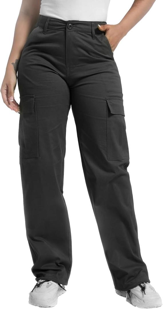Soulsfeng Women's Baggy Cargo Pants Relaxed Fit Casual Cotton Hiking Pants with 6 Pockets (12, Black)