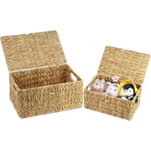 Set of 2 Wicker Basket with Lid, Rectangular Water Hyacinth Storage Baskets for Organizing, Decorative Woven Basket Bins Boxes for Organizing Home (14.2" x 9.4" x 7" + 12.2" x 7.8" x 6")