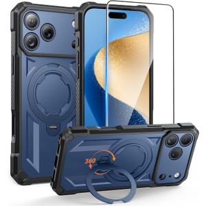 FNTCASE for iPhone 17 Pro Case: [360 Spin Magnetic Ring Kickstand] [Compatible for MagSafe] [Screen Protector] Heavy Duty Military Grade Protection Protective Phone Case with Stand Blue