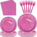 Grencian 96 Pcs Hot Pink Party Supplies Holographic Print Hot Pink Plates and Napkins Tableware Set for Girls Women Birthday Sprinkle Wedding Bachelorette Bridal Shower Decorations Serves 24