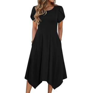 Zeagoo Summer Beach Dresses for Women Casual Summer Dresses for Women 2026 Short Sleeve Midi Dress Casual Flower Printed Long Dress Flare Dress Black L