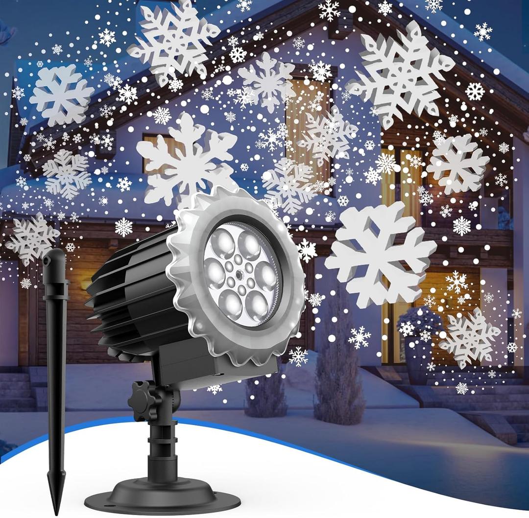 Christmas Snowflake Projector Lights Outdoor (Non-Laser), KAGIWEI 180 Rotating LED Lens Projector with 4 Patterns, IP45 Waterproof Energy-Saving Xmas Outdoor Lights for Holiday Party Decorations