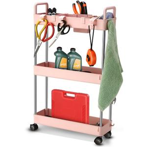 Auto Dynasty 3 Tier Slim Rolling Cart with Handle, Multifunction Utility Storage Rolling Cart, Movable Storage Organizer with Wheels for Office, Bathroom, Kitchen, Narrow Places (Pink)