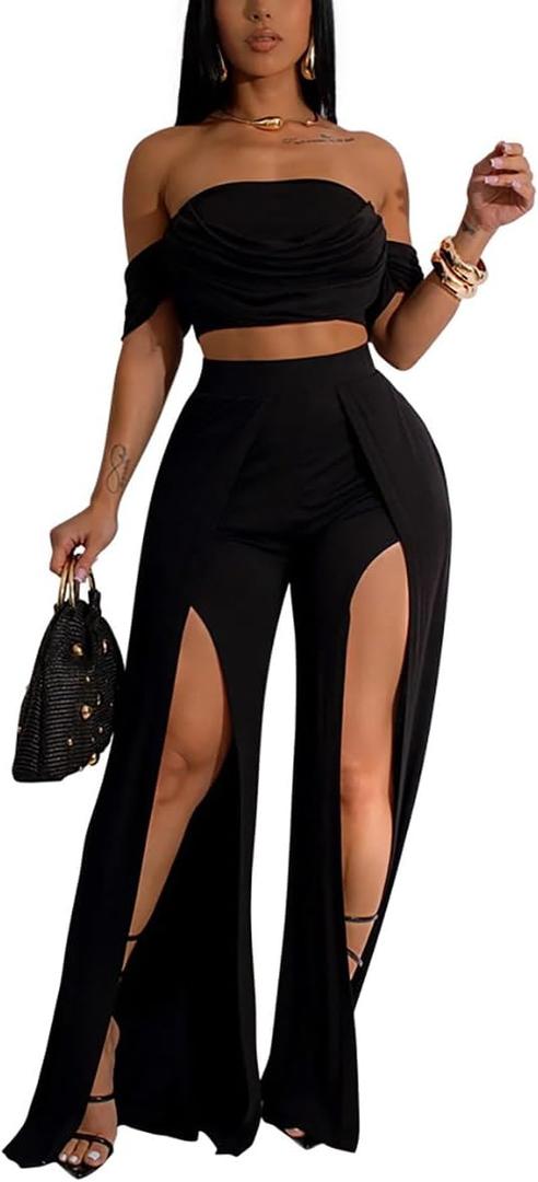 WOKANSE Women's Elegant 2 Piece Outfits Summer Off Shoulder Tube Crop Top and High Waist Split Wide Leg Pants Sets (Large, Black)