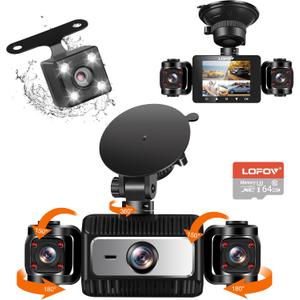 4 Channel Dash Cam 360 View, LOFOV 1080P Front and Rear Inside, Left Right Dash Camera for Cars, Free 64GB SD Card,Multi-Ch Dash Camera, Black Box Trafflc Recorder,Night Vision,24H Parking Mode