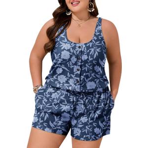 Summer Mae Plus Size Swim Romper for Women One Piece 2026 Modest Swimsuit | Bathing suit,Button design,Adjustable tie at waist,Side pockets,Tummy control,Adjustable shoulder strap,Blouson,Beach,Pool (Blue) 20Plus