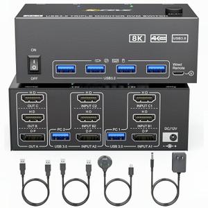 USB3.0 HDMI KVM Switch 3 Monitors 2 Computers 8K@60Hz 4K@144Hz, Displayport and HDMI Dual Monitor KVM Switch with 4 USB 3.0 Port for Keyboard Mouse Printer, Wired Remote, 2 HDMI+1 Displayport KVM