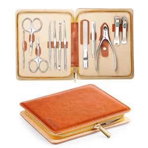 MR.GREEN 12-in-1 Manicure & Pedicure Set Professional German Stainless Steel Nail Clippers,Cuticle Tools & Nail Care Kit, Travel Grooming Kit for Men & Women with Leather Case (Caramel Brown)
