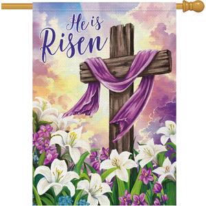 Heyfibro He is Risen Easter Cross Garden Flag 28x40 Double Sided Burlap, Lily Flower Spring Yard Banner for Holiday Farmhouse Jesus Religious Outdoor Decor(ONLY FLAG)