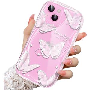 Compatible for iPhone 13 Case, Pretty Butterfly Print Three-Dimensional Wave Clear Case for Girls Women, Soft Full Package Anti-Fall Cover for iPhone 13, Pink Butterfly