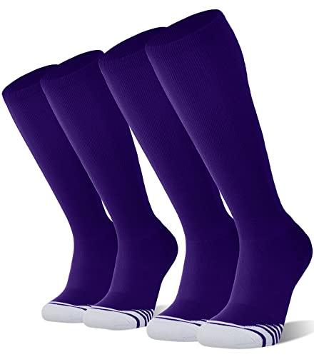 FITRELL 2 Pack Baseball Soccer Softball Socks for Kids Youth Men & Women Over-the-Calf Knee High Socks, nfl, Purple, Small