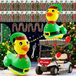 Hungdao 4ft Christmas Golf Cart Decoration Kit Christmas Inflatable Elf Duck PVC Blow Ups Elf Duck Fan Flag Tinsel Garlands Tinsel Streamers Reusable Outdoor Pool Floats Decoration for Parade Yard