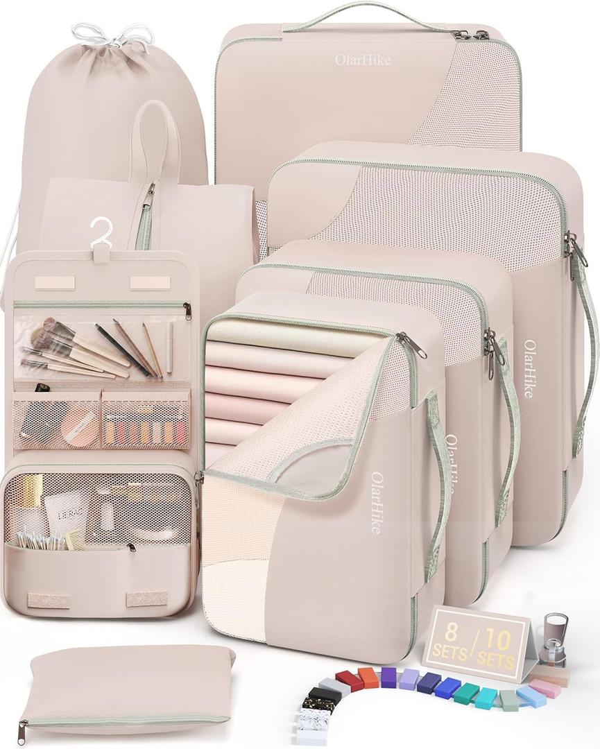 10 Set/8 Set Packing Cubes for Travel, Gifts for Women Mom,Anti-Tearing Suitcase Organizer for Luggage with Shoe & Hanging Toiletry Bag,OlarHike Vacation Essentials & Accessories for Cruise Ship,Cream, 8 set (Short-Term Trip)
