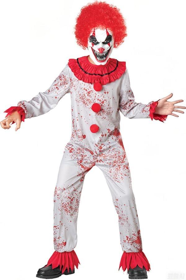 Killer Clown Costume for Kids,Scary Clown Jumpsuit and Afro Red Hair Mask for Boys Halloween (4-6 years old)