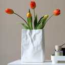 Pumtus Crinkle Paper Bag Ceramic Vase, 7.5 Inch Unique Flower Vase, White Matte Square Wide Mouth Pleated Planter, Minimalist Boho Pot for Flower Arrangement Table Centerpiece Home Office Decor