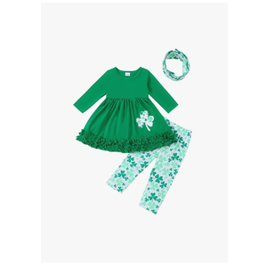 Toddler Baby Girls St.Patrick's Day Outfits Long Sleeve Clover Dress Shirt Shamrock Print Pants Clothes Set,Size 3-4T