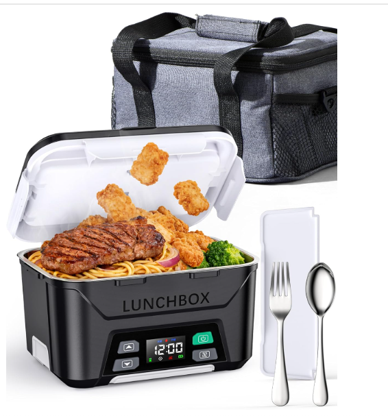 Heated Lunch Box Battery Powered with Automatic Heating, Cordless Heatable Lunchbox for Adults, 1.3L Portable Food Warmer with Insulated Carry Bag