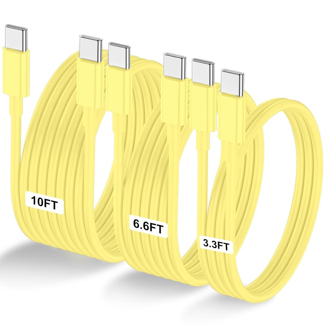 3-Pack Yellow [3.3FT+6.6FT+10FT] 60W USB C to USB C Cable, Type C Fast Charging Cable for iPhone Air 17 16e 16 15 Pro Plus Pro Maxfor Galaxy S25, for iPad Pro/Air/mini, for MacBook Pro/Air and More