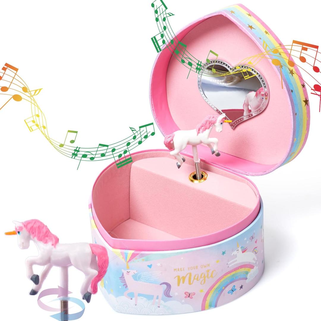 Jewelkeeper Music Jewelry Box for Girls  Unicorn Jewelry Box with Mirror, Twirling Figurine & Soft Flocked Lining  Heart-Shaped Kids Jewelry Box for Valentines Day Gifts
