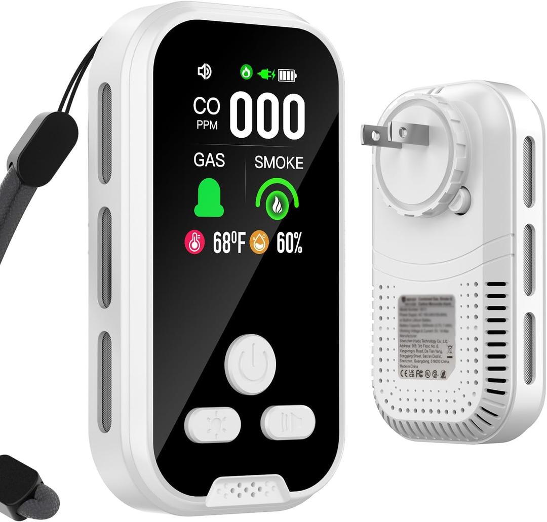 5-in-1 CO Detectors,Natural Gas Leak Detector Plug-in, Battery Backup, HD Digital Display for CO, Gas, Temp, Humidity - Home & RV Use (White)