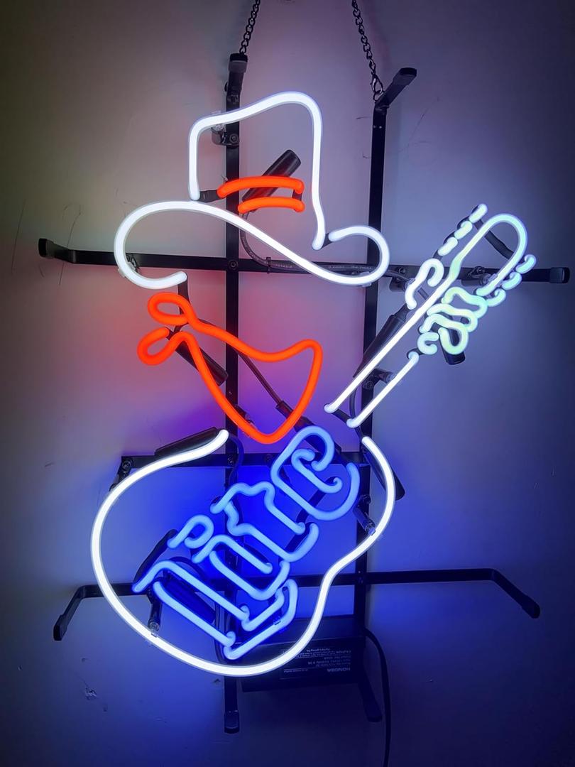 Cowboy Neon Sign Millers Lite Guitar Glass 19''Beer Bar Man Cave Neon Sign Light for Bedroom Home Pub Cafe Birthday Gift Neon Artwork Decor