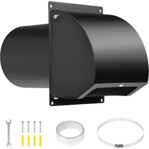 8 Inch Hooded Wall Vent with Screen, Damper, 8-1/4" Length Duct, 14 Gauge Steel Vent Covers for Wall, Wall Vent Cover for Residential Housing and Industrial Facilities Air Exhaust, Black