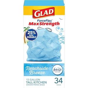 Glad Tall Kitchen Trash Bags 13 Gallon, MaxStrength Beachside Breeze Garbage Bags, Odorshield with Drawstring, 34 Count