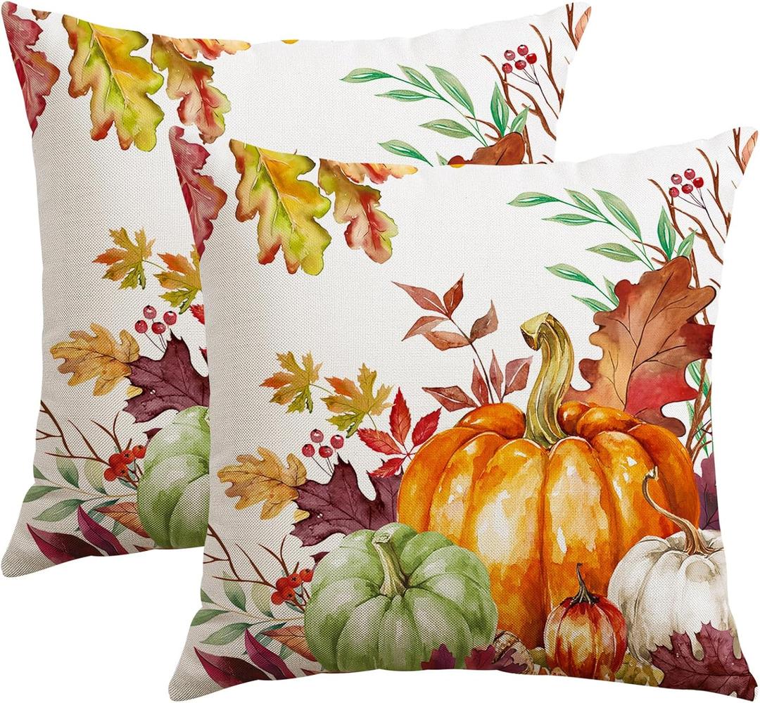 3 x Artscope Fall Decorative Throw Pillow Covers 18x18 Inch Set of 2, Watercolor Pumpkin Fallen Leaves Outdoor Farmhouse Pillow Cases for Home Sofa Couch-Orange