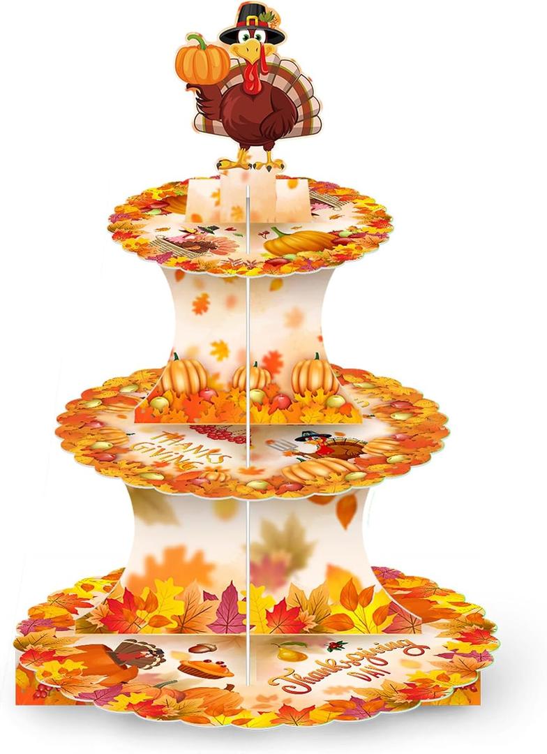 2 x 3 Tiers Thanksgiving Cupcake Stand Friendsgiving Decorations, Thanksgiving Day Turkey Maple Leaf Cardboard Cake Dessert Holder Tower Cookie Trays Decorations for Fall Decor Birthday Party Supplies