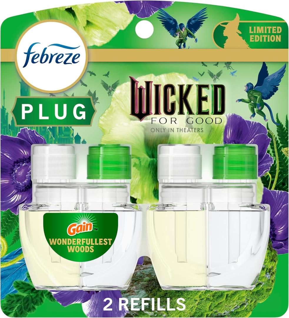 Febreze Plug In Air Freshener, "Wicked: For Good" Limited Edition Odor-Fighting Scented Oil Refill, Air Fresheners for Home and Bathroom and Kitchen, Long Lasting, Wonderfullest Woods, 2 Count