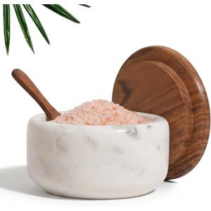 Salt Cellar with Acacia Wood Lid and Spoon | White Marble Salt Container for Kitchen | Spice Holder for Countertop | Keeps Spices Dry | Wide 4 Salt Pig with Non-Skid Feet