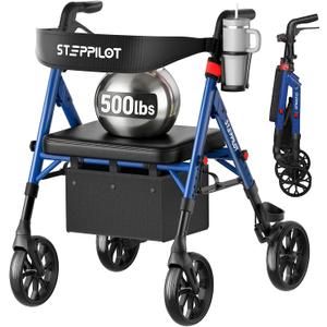 Bariatric Rollator Walker with Seat for Seniors, 500lb Capacity Aluminum Frame, Zero Wobble, 16lb Lightweight, 8" All Terrain Wheels, 10-Level Adjustable Handle/Seat, Cup Holder, Cane Clip