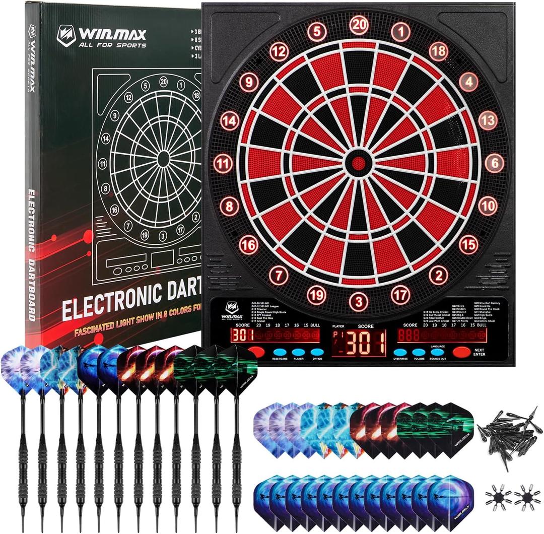 WIN.MAX Electronic Dartboard with LED Auto-Scoring, 12 Darts & 100 Soft Tips, 8-Player Mode, Power Adapter, Dart Board Electronic for Indoor/Outdoor Use