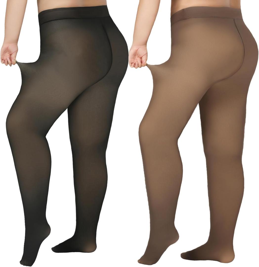 Delcast Plus Size Fleece Lined Tights Women - Fake Translucent Sheer Warm Thermal Pantyhose Leggings for Winter (3X-Large-4X-Large Plus Petite, Black+brown)