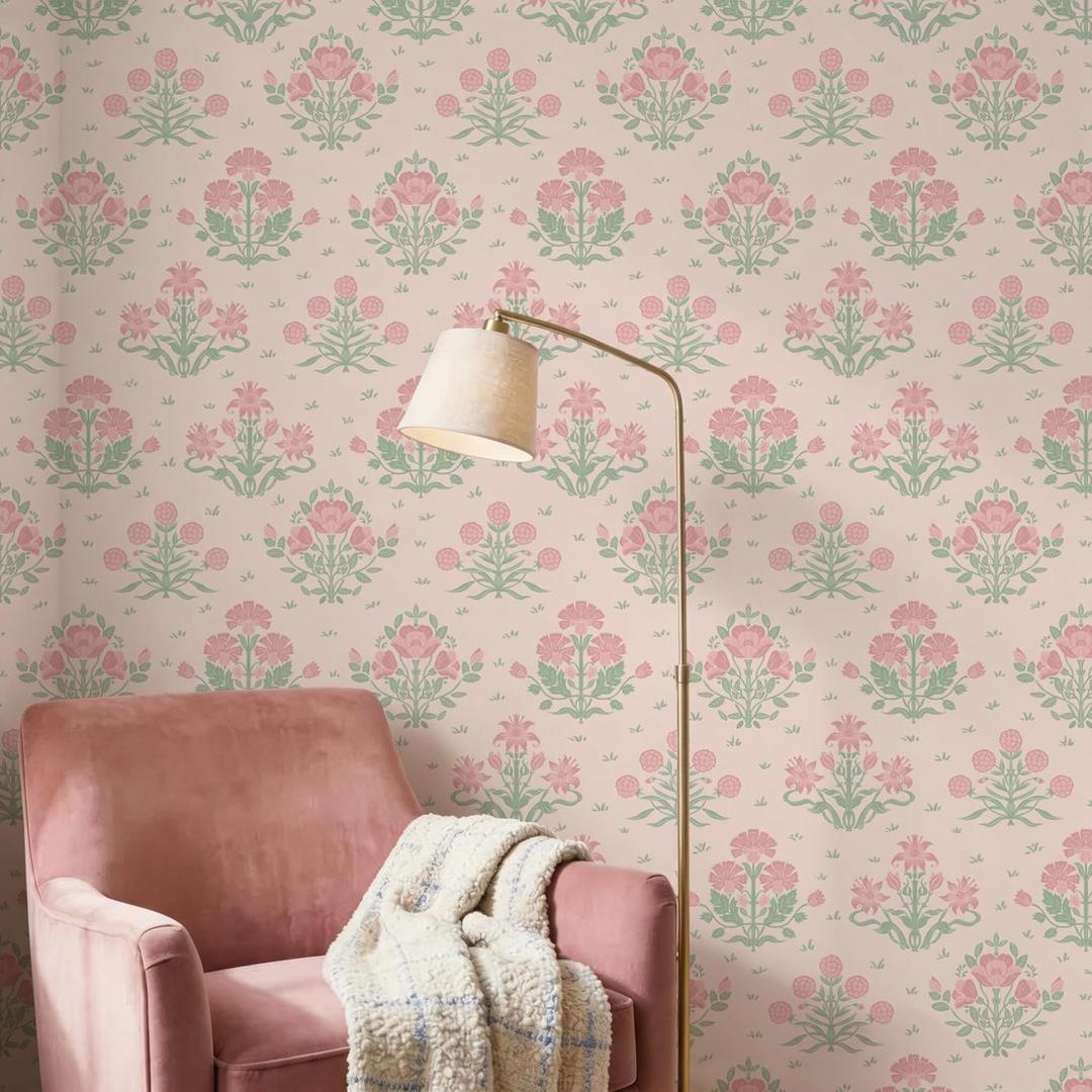 Pink Peel and Stick Wallpaper, Pink Floral Damask Wallpaper Boho Girly Wall Paper Decorative Self Adhesive Shelf Drawer Liner Contact Paper for Nursery Bedroom Bathroom 17.3" x 196.8"