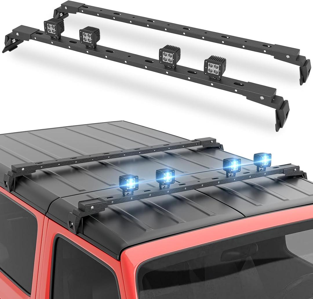 400 LBS Roof Rack Cross Bars with 4 Pcs LED Lights Bar Compatible for 2007-2025 Jeep Wrangler JK JKU JL JLU Unlimited & Gladiator JT Hardtop, Roof Rail Crossbars Cargo Carrier Rooftop Luggage