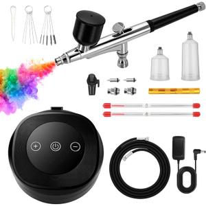 Airbrush Kit with Air Compressor, 48 PSI 10L/min 3-Stage Pressure Control, 0.3/0.5 mm Nozzles, Auto Start/Stop Quiet Air Compressor for Model Painting, Nails, Cake Decorating, Makeup, DIY (Obsidian Black)