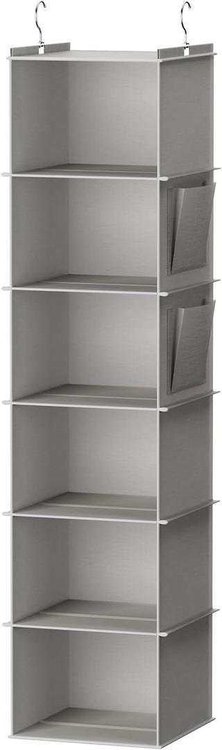 Hanging Closet Organizer and Storage, 6-Shelf Closet Hanging Shelves | Sturdy Bamboo Structure Cloth Hanging Storage, Sweater Organizer, 11.8 x 11.8 x 47.2, Light Grey