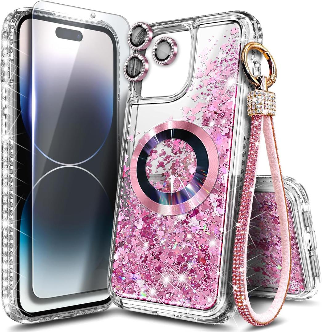 NGB Designed for iPhone 14 Plus Case, Rose Gold | Magnetic Compatible with MagSafe | Glitter Liquid Sparkle Cute Cover for Women Girls | with Screen Protector & Camera Lens Protector & Wrist Strap