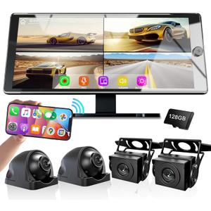 Wireless Carplay with 4K 4CH Dash Cam, Portable Carplay HD Touchscreen for Car, Carplay & Android Auto Car Radio w/DVR Recording, GPS Navigation/Mirror Link/Music Play - 10.36"