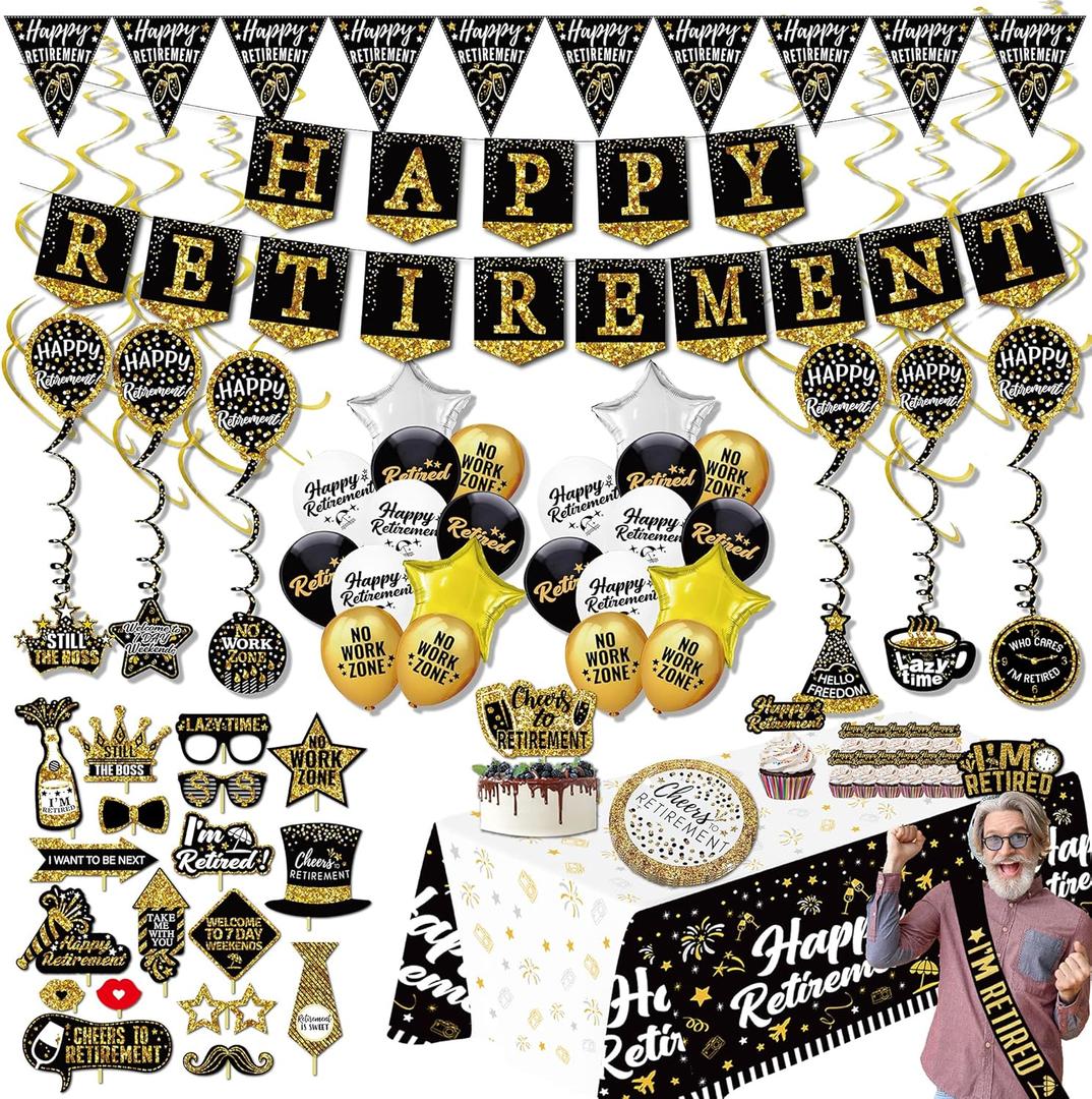 Happy Retirement Party Decorations supplies - (80pack) black gold party Banner, Pennant, Hanging Swirl, retirement balloons, Tablecloths, cupcake Topper, Crown, plates, Photo Props, retired Sash