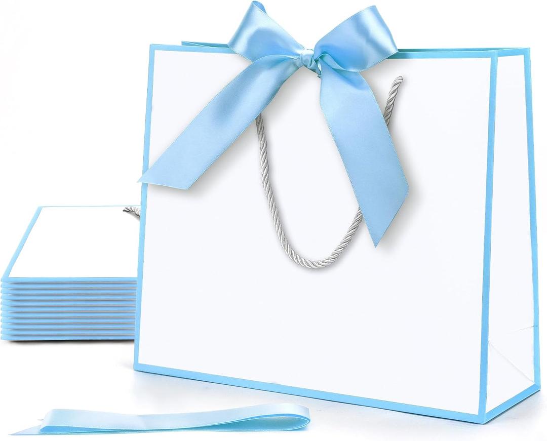 MOXARYSU Gift Bags With Handles: 11.8x4x10 Inch 24pcs Medium Large With Bow Ribbon For Wedding Thanks Bridesmaid Birthday Party (White-Light Blue
