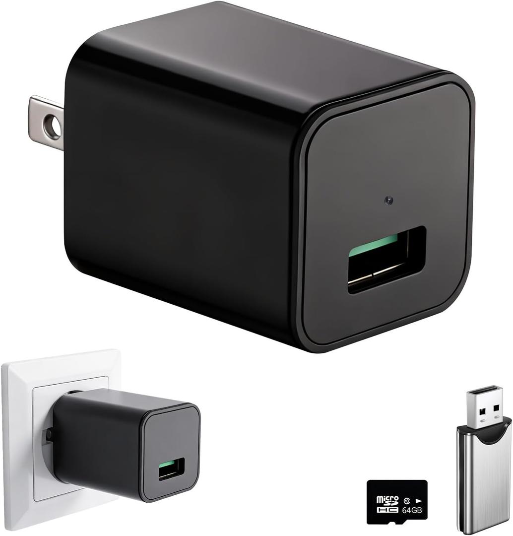 Mini Camera with 64G Card 1080P Small Security Camera Charger with Motion Detection for Indoor (No WiFi)