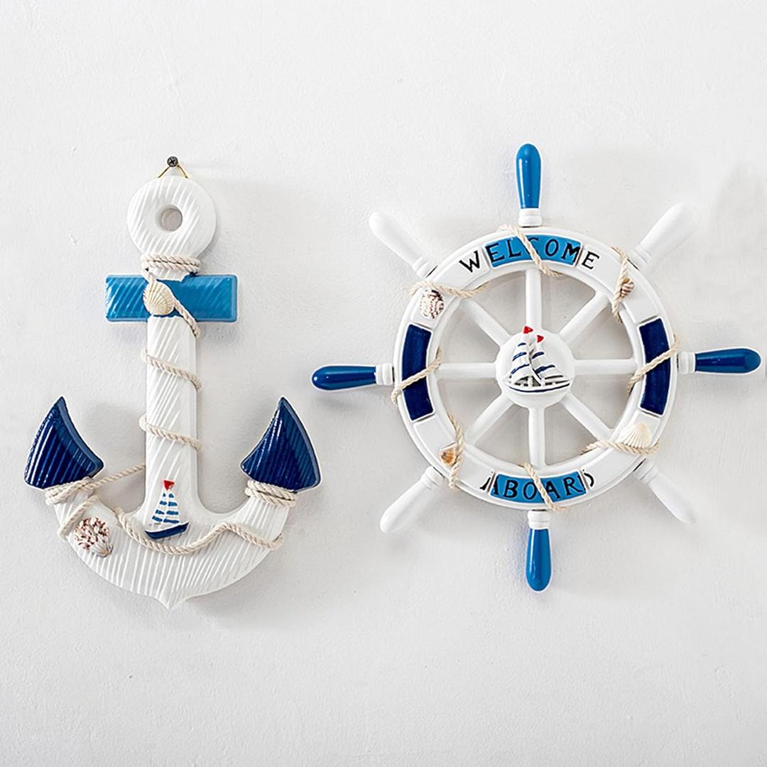 EMINGSKY 2 Pack 13" Nautical Wooden Boat Steering Wheel and Wood Wheel Rudder Anchor with Rope Nautical Boat Ship Wheel Anchor Fishing Net Decorations Wall Decor Door Hanging Home Ornament Fishing Net Shell (Blue and White)
